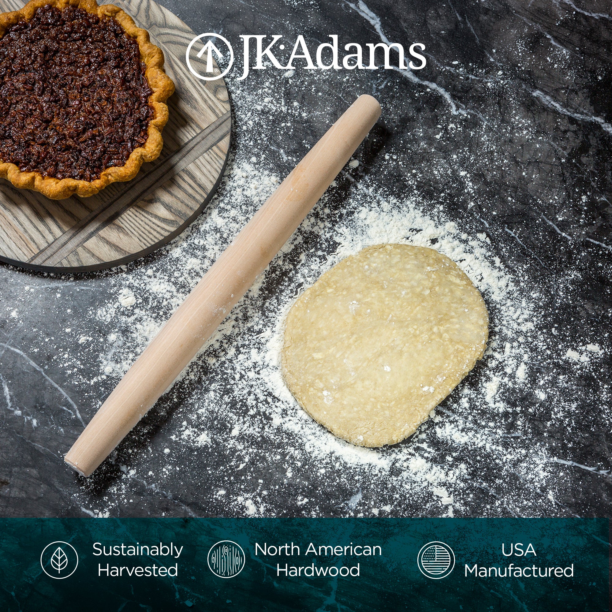 J.K. Adams French Tapered Rolling Pin, Lightweight Baking Dowel, 20.5" x 1.5" - VMInnovations