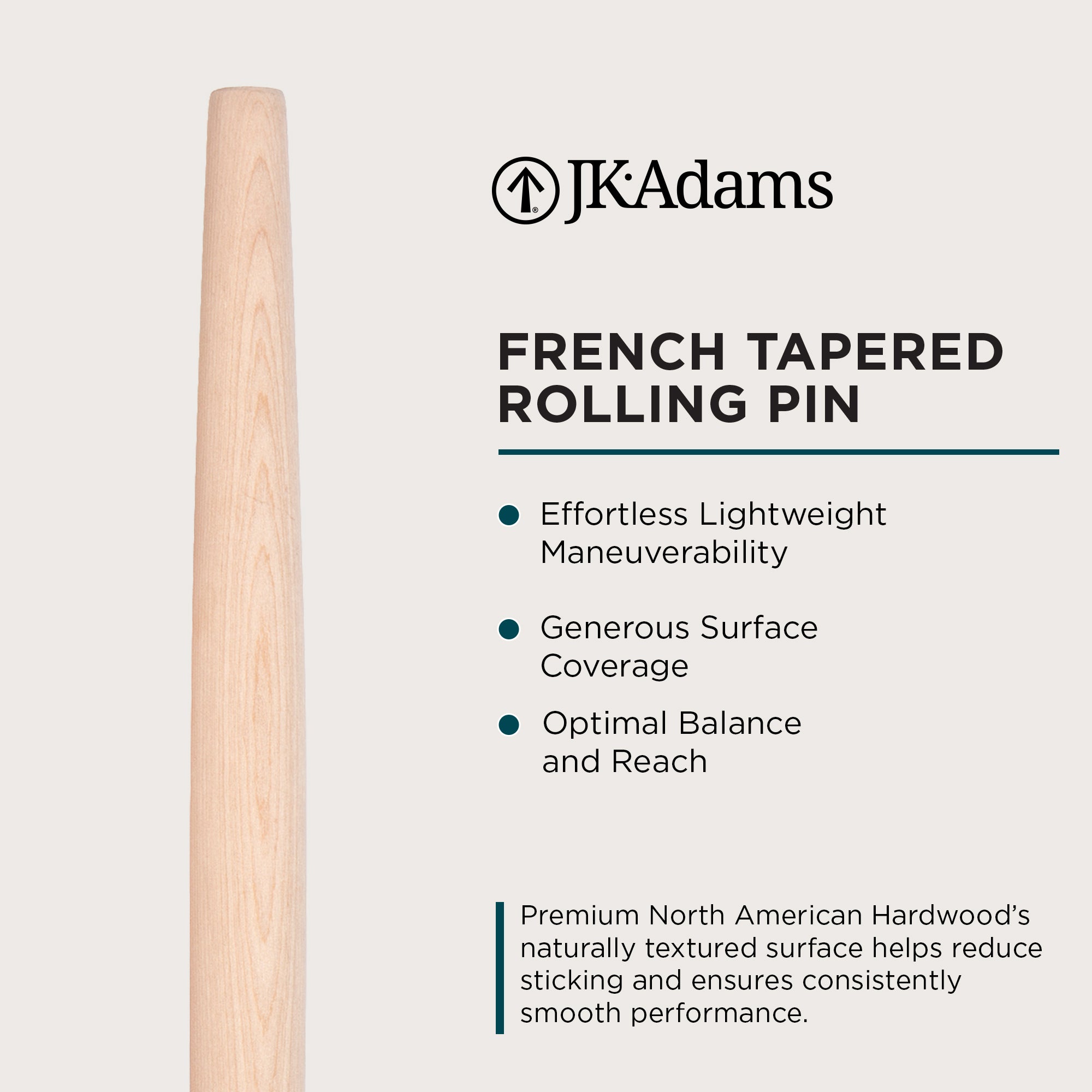 J.K. Adams French Tapered Rolling Pin, Lightweight Baking Dowel, 20.5" x 1.5" - VMInnovations