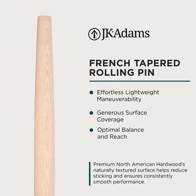 J.K. Adams French Tapered Rolling Pin, Lightweight Baking Dowel, 20.5" x 1.5" - VMInnovations