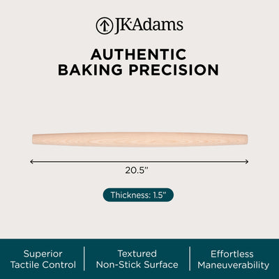 J.K. Adams French Tapered Rolling Pin, Lightweight Baking Dowel, 20.5" x 1.5" - VMInnovations