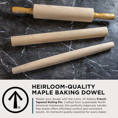J.K. Adams French Tapered Rolling Pin, Lightweight Baking Dowel, 20.5" x 1.5" - VMInnovations