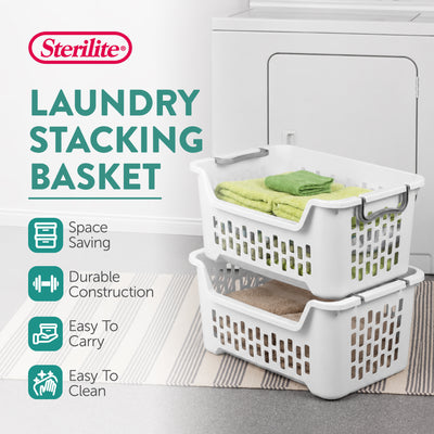 Sterilite Stacking Laundry Basket, 2 Bushel Hamper with Handles, White, 12 Pack