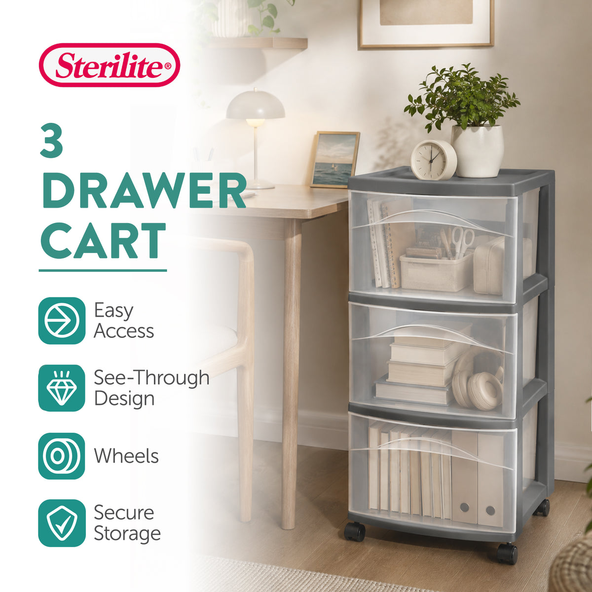 Sterilite 3 Drawer Storage Cart, Plastic Rolling Organization, Flat Gray, 2 Pack - VMInnovations