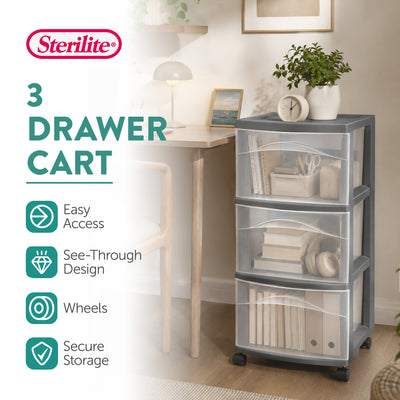 Sterilite 3 Drawer Storage Cart, Plastic Rolling Organization, Flat Gray, 2 Pack - VMInnovations