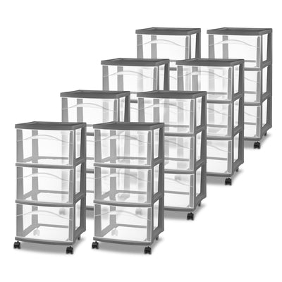Sterilite 3 Drawer Storage Cart, Plastic Rolling Organization, Flat Gray, 8 Pack - VMInnovations