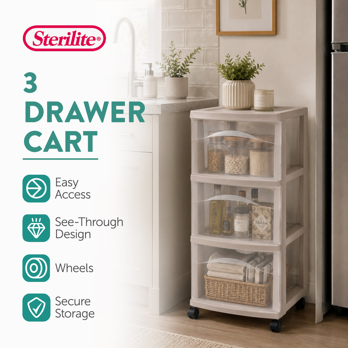 Sterilite 3 Drawer Storage Cart, Plastic Rolling Organization, Grey Pumice, 8 Pk