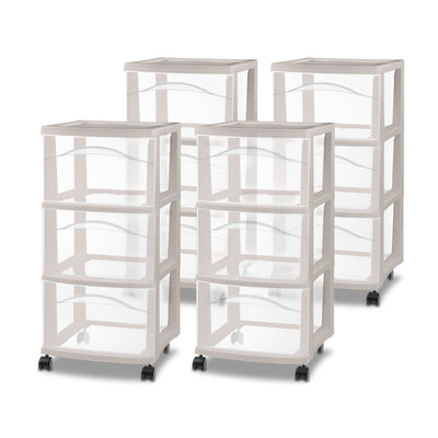Sterilite 3 Drawer Storage Cart, Plastic Rolling Organization, Grey Pumice, 4 Pk