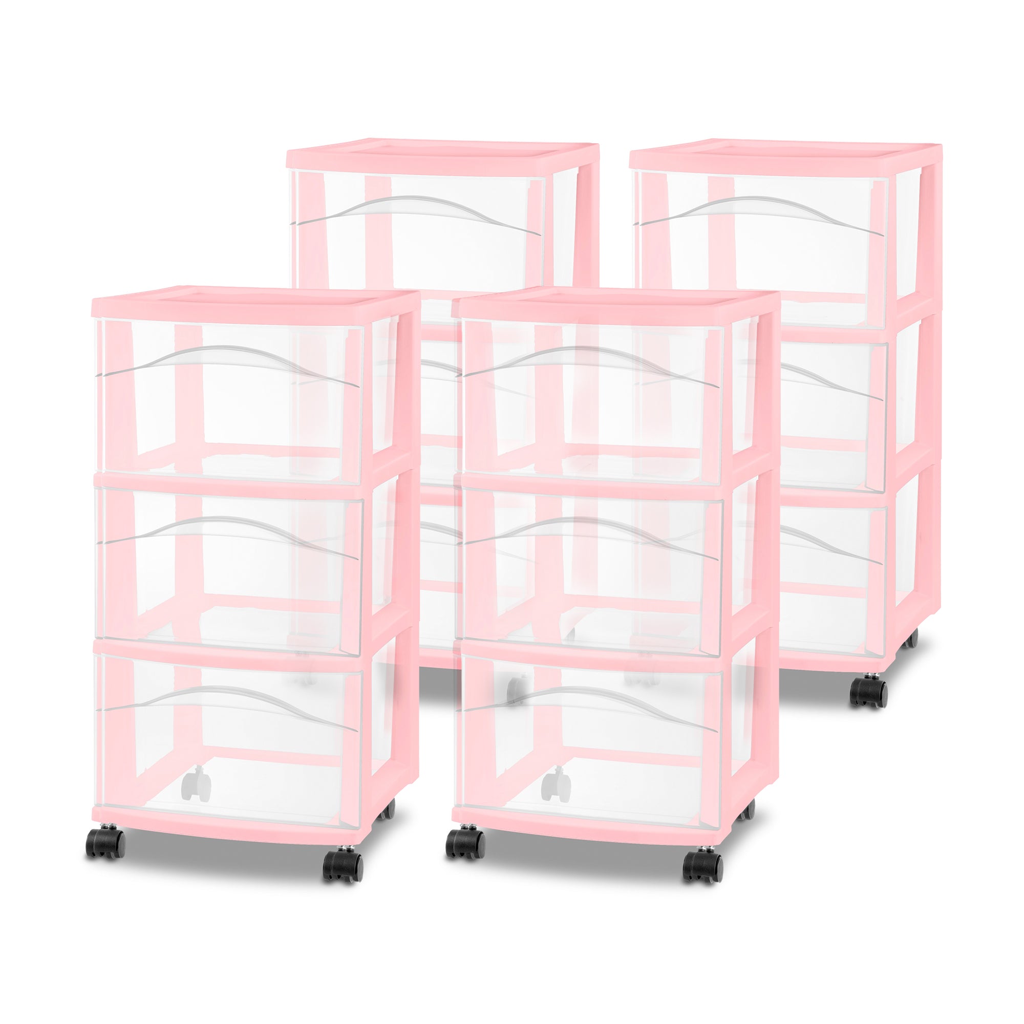 Sterilite 3 Drawer Storage Cart Plastic Rolling Organization, Pink Frost, 4 Pack