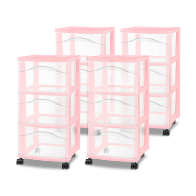 Sterilite 3 Drawer Storage Cart Plastic Rolling Organization, Pink Frost, 4 Pack