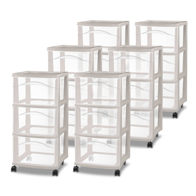 Sterilite 3 Drawer Storage Cart, Plastic Rolling Organization, Grey Pumice, 6 Pk