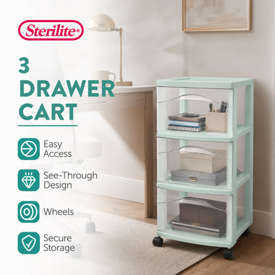 Sterilite 3 Drawer Storage Cart, Plastic Rolling Organization Cart, Mint, 4 Pack