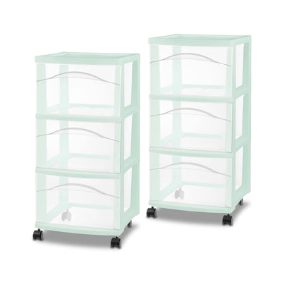 Sterilite 3 Drawer Storage Cart, Plastic Rolling Organization Cart, Mint, 2 Pack - VMInnovations