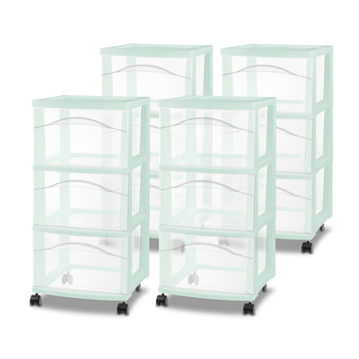 Sterilite 3 Drawer Storage Cart, Plastic Rolling Organization Cart, Mint, 4 Pack - VMInnovations