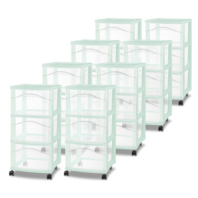 Sterilite 3 Drawer Storage Cart, Plastic Rolling Organization Cart, Mint, 8 Pack - VMInnovations