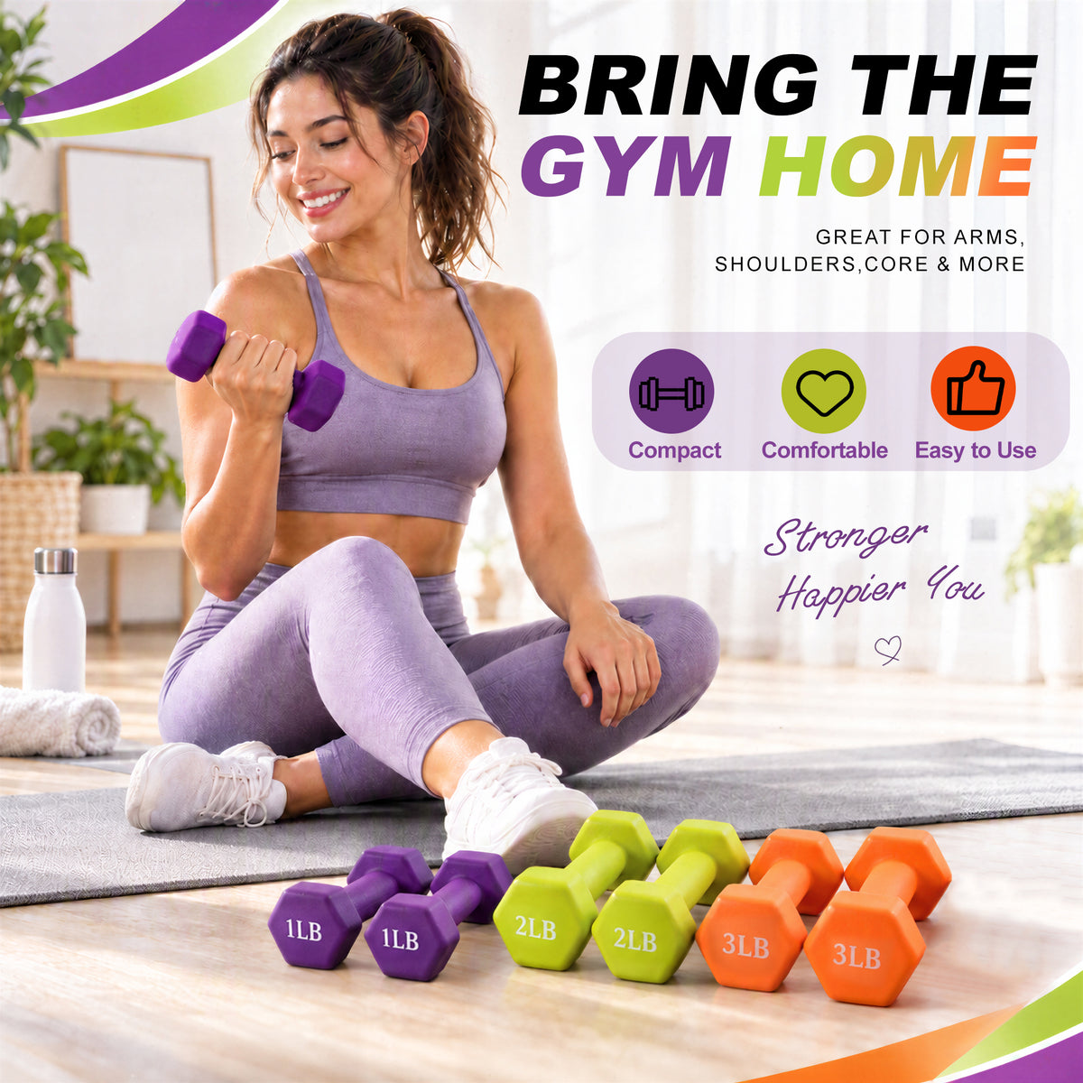 Fitvids 1, 2, and 3 lb Neoprene Dumbbell Set with Non-Slip Grip & Rack, 3 Pairs