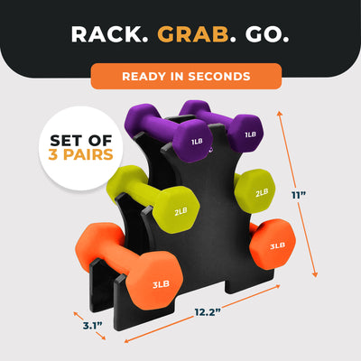 Fitvids 1, 2, and 3 lb Neoprene Dumbbell Set with Non-Slip Grip & Rack, 3 Pairs