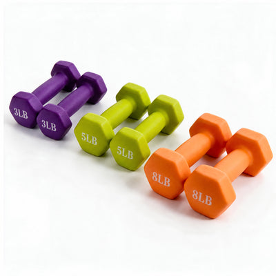 Fitvids 3, 5, and 8 lb Neoprene Dumbbell Set with Non-Slip Grip & Rack, 3 Pairs