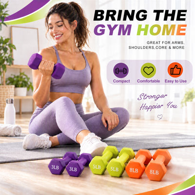 Fitvids 3, 5, and 8 lb Neoprene Dumbbell Set with Non-Slip Grip & Rack, 3 Pairs