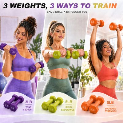 Fitvids 3, 5, and 8 lb Neoprene Dumbbell Set with Non-Slip Grip & Rack, 3 Pairs