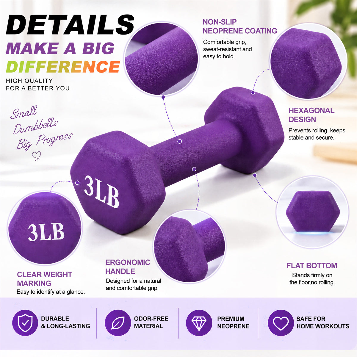 Fitvids 3, 5, and 8 lb Neoprene Dumbbell Set with Non-Slip Grip & Rack, 3 Pairs
