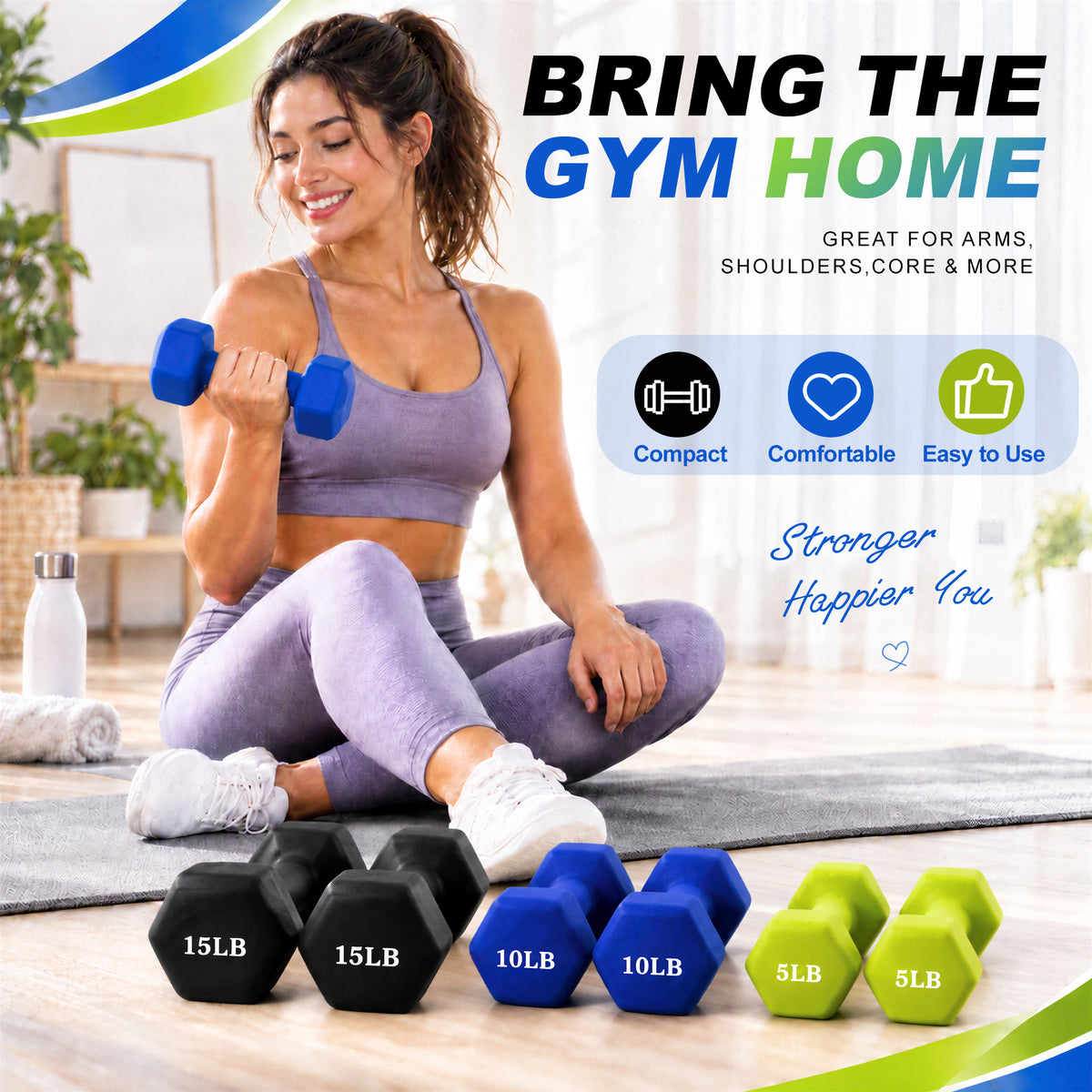 Fitvids 60 lb Neoprene Dumbbell Set with Non-Slip Grip, 5, 10 & 15 lb, 3 Pairs