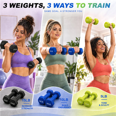 Fitvids 60 lb Neoprene Dumbbell Set with Non-Slip Grip, 5, 10 & 15 lb, 3 Pairs