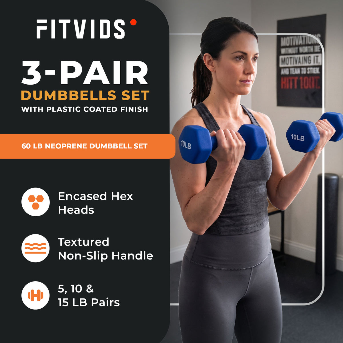 Fitvids 60 lb Neoprene Dumbbell Set with Non-Slip Grip, 3 Pairs (Open Box) - VMInnovations