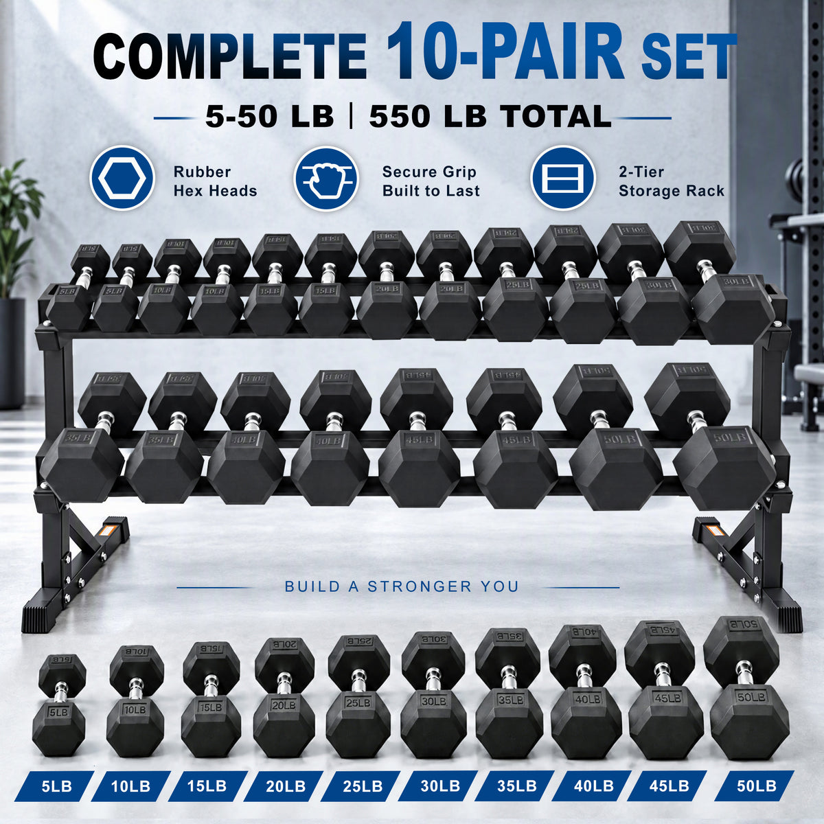 BalanceFrom 5-50 lb Rubber Coated Hex Dumbbell Set with 3-Tier Rack, 10 Pairs