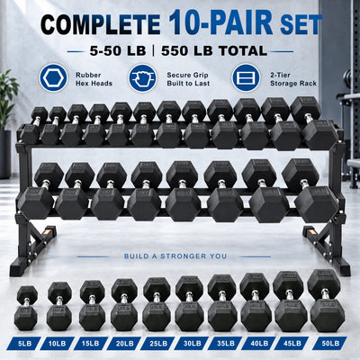 BalanceFrom 5-50 lb Rubber Coated Hex Dumbbell Set with 3-Tier Rack, 10 Pairs