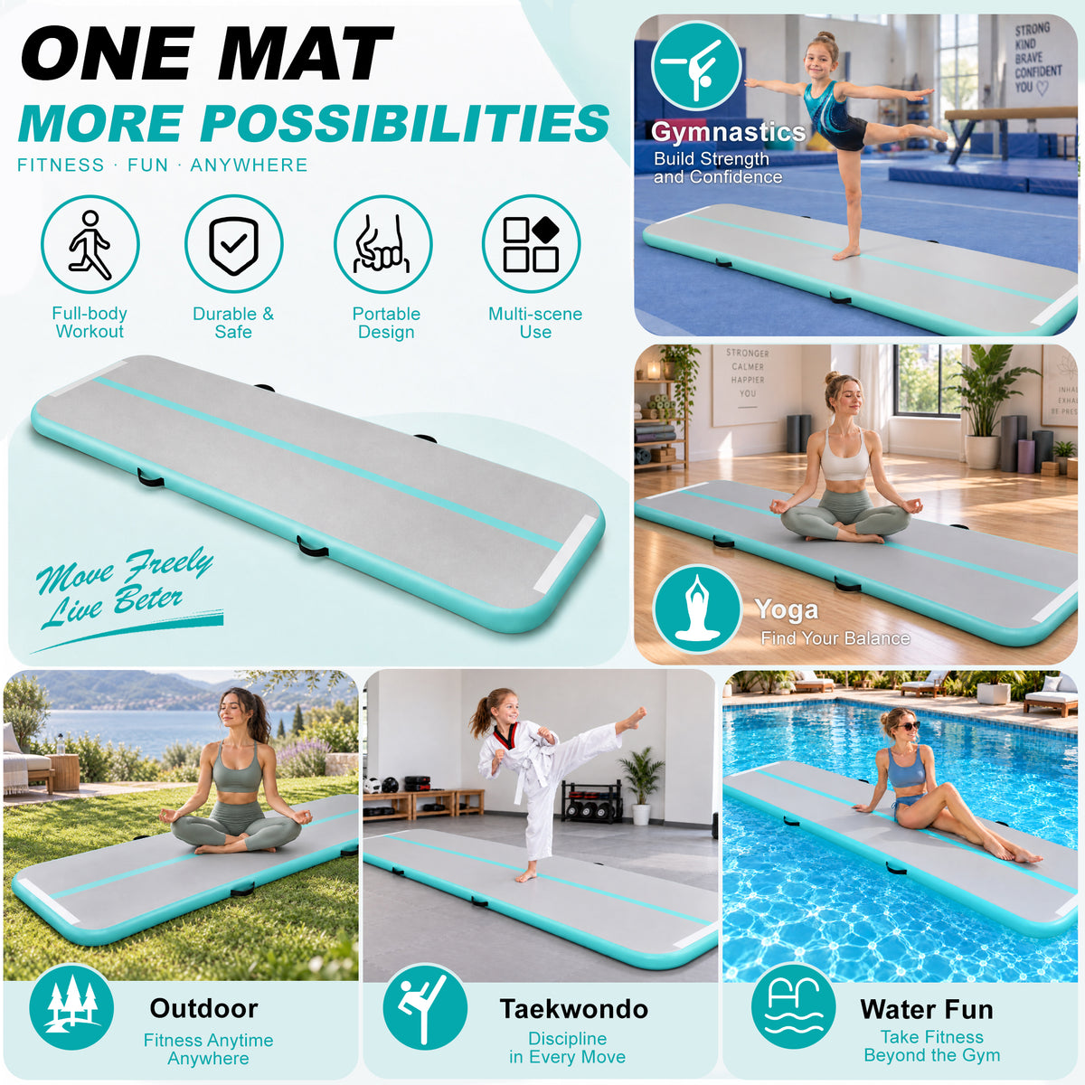 Fitvids 10 Ft Inflatable Gymnastics Training Mat with Electric Pump, Light Green