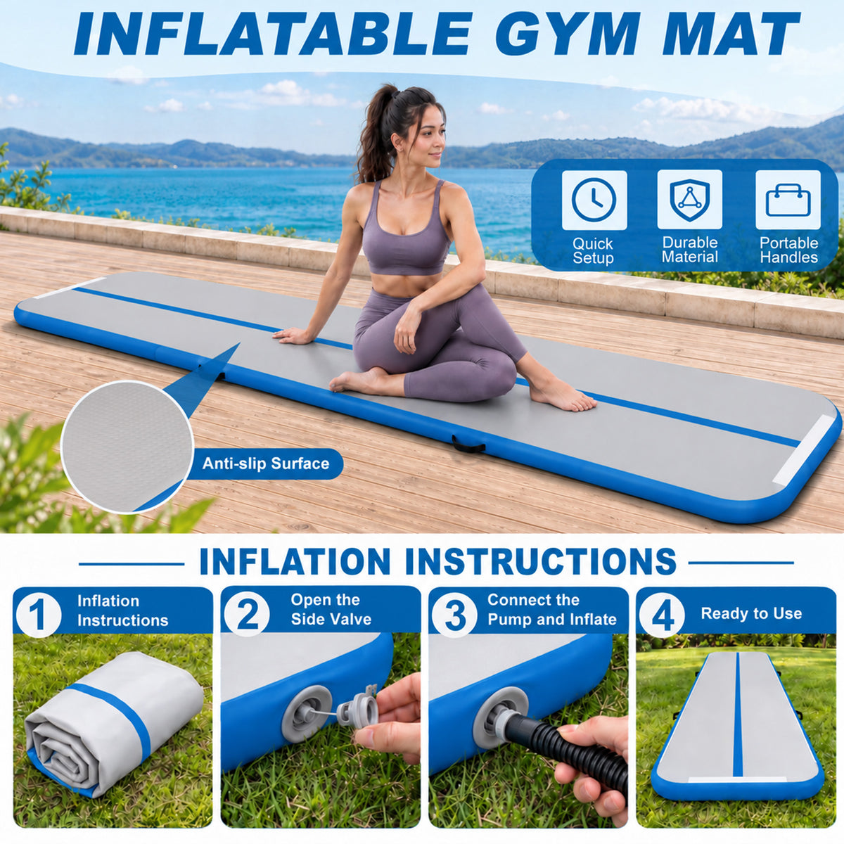 Fitvids 10 Ft Inflatable Gymnastics Mat, Air Track Mat with Electric Pump, Blue