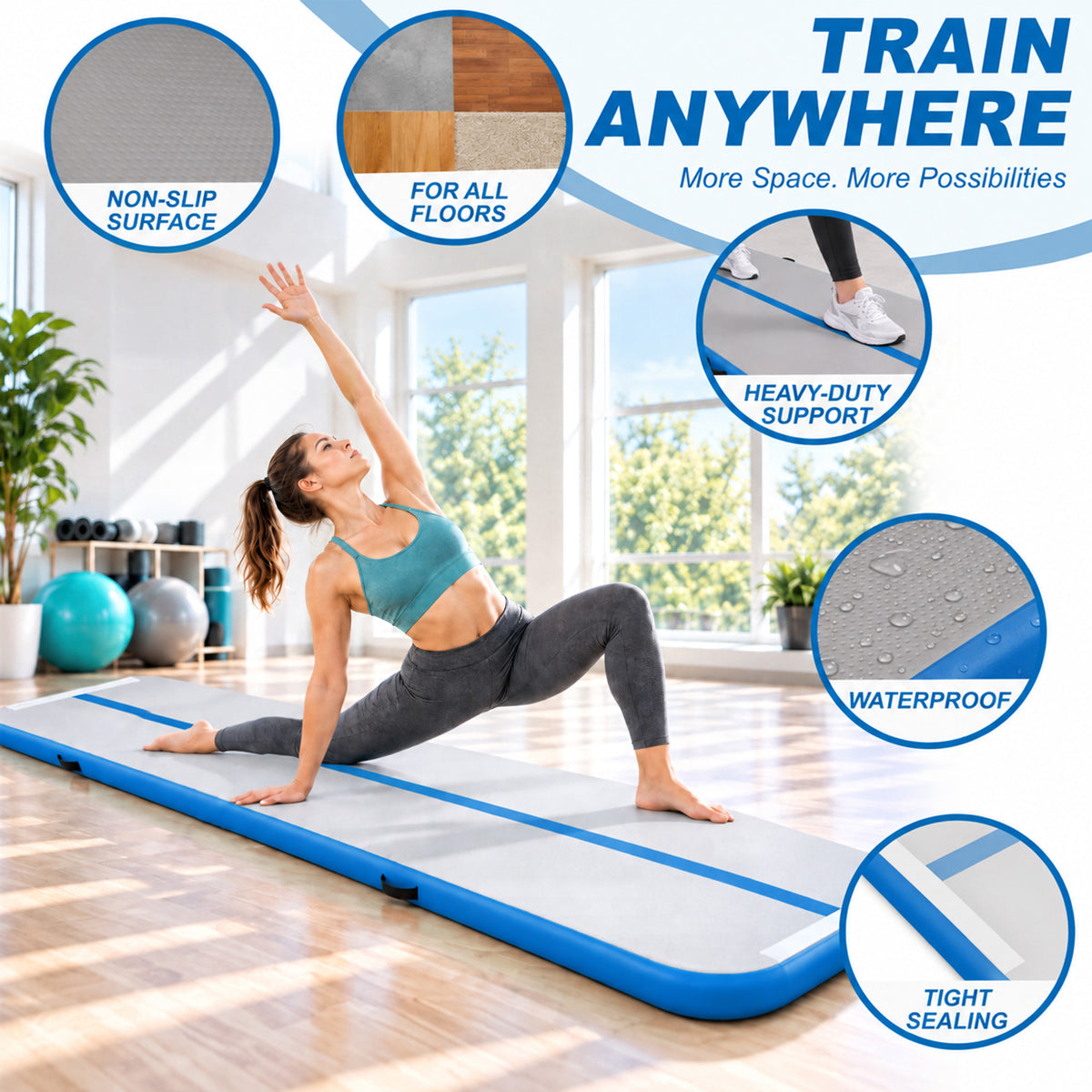 Fitvids 10 Ft Inflatable Gymnastics Mat, Air Track Mat with Electric Pump, Blue