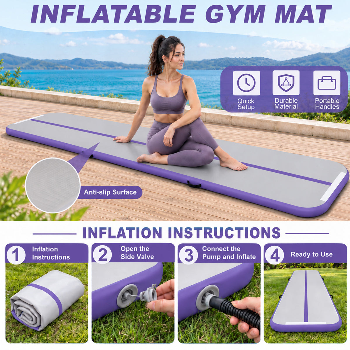 Fitvids 10 Ft Inflatable Gymnastics Mat, Air Track Mat, Electric Pump, Purple