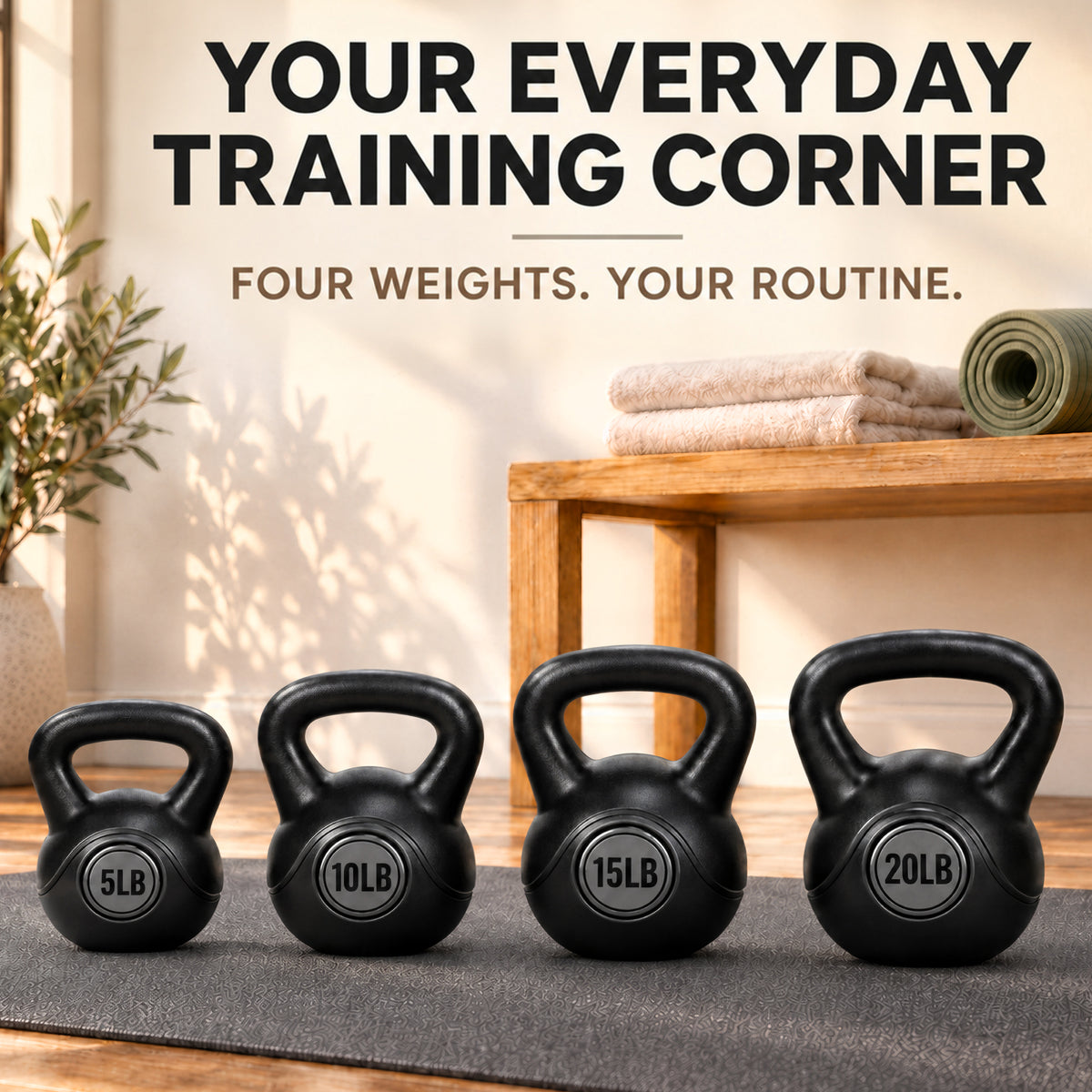 BalanceFrom Cement-Filled Kettlebell Exercise Weights, Set of 5, 10, 15, & 20 lb