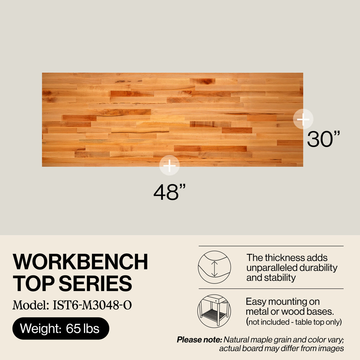 John Boos 48-Inch Workbench Top, Sturdy and Durable for Shop Work, Maple Wood - VMInnovations
