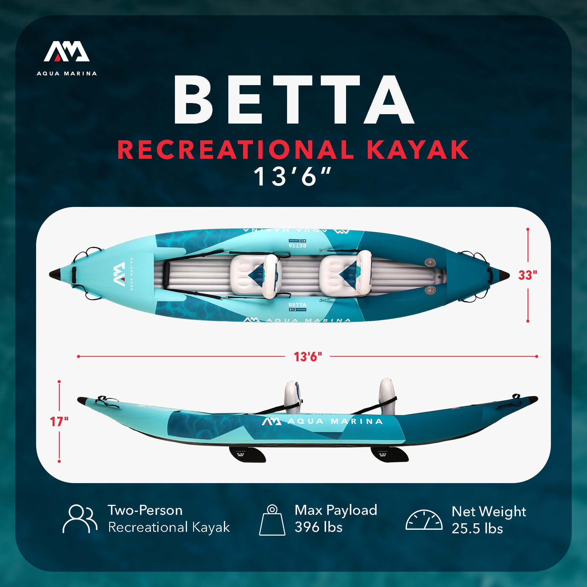 Aqua Marina Betta 13'6" Tandem Recreational Inflatable Kayak, Lightweight