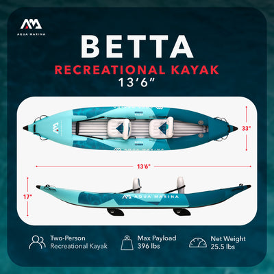 Aqua Marina Betta 13'6" Tandem Recreational Inflatable Kayak, Lightweight