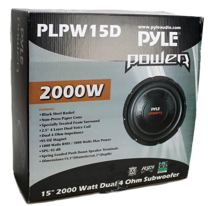 Pyle PLPW15D 15" 8000W Car Subwoofer Audio Power Subs Woofers DVC 4 Ohm, 2 Pack