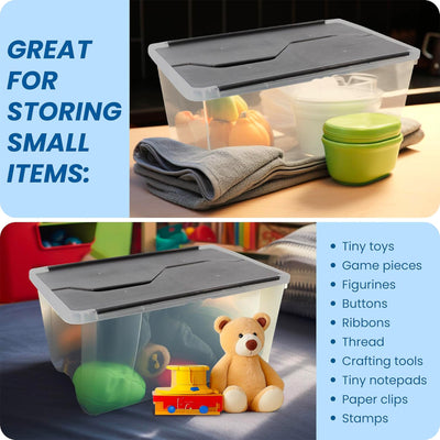 Organize-It! 28 Quart Mini Flip-Top Tote, Stackable Bins, Clear/Black, 6 Pack