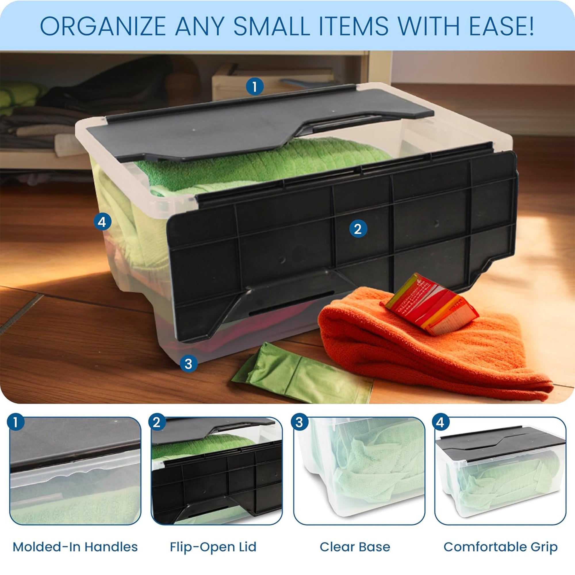 Organize-It! 28 Quart Mini Flip-Top Tote, Stackable Bins, Clear/Black, 6 Pack