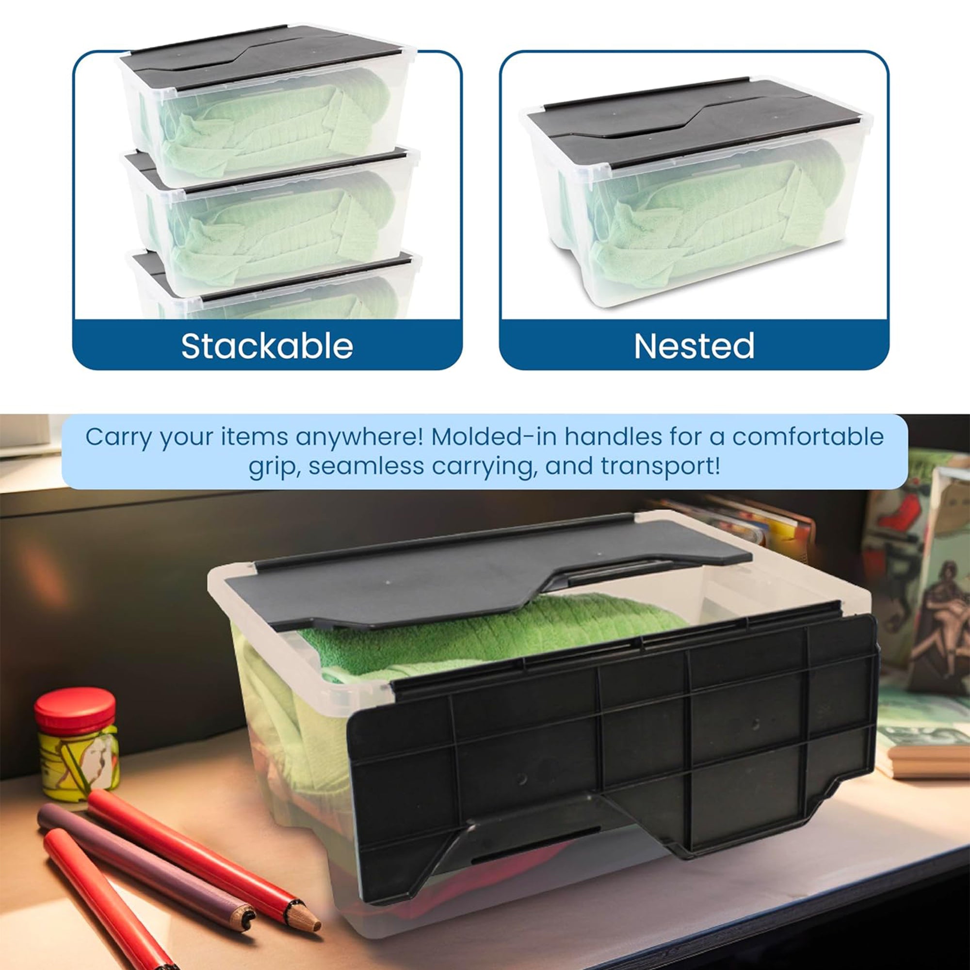 Organize-It! 28 Quart Mini Flip-Top Tote, Stackable Bins, Clear/Black, 6 Pack