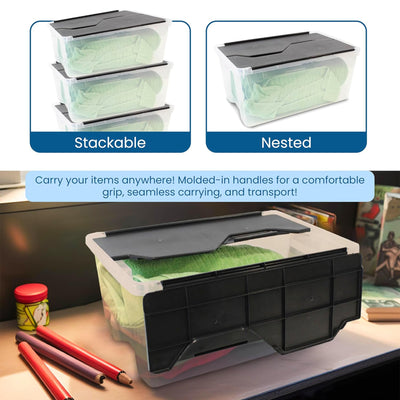 Organize-It! 28 Quart Mini Flip-Top Tote, Stackable Bins, Clear/Black, 6 Pack