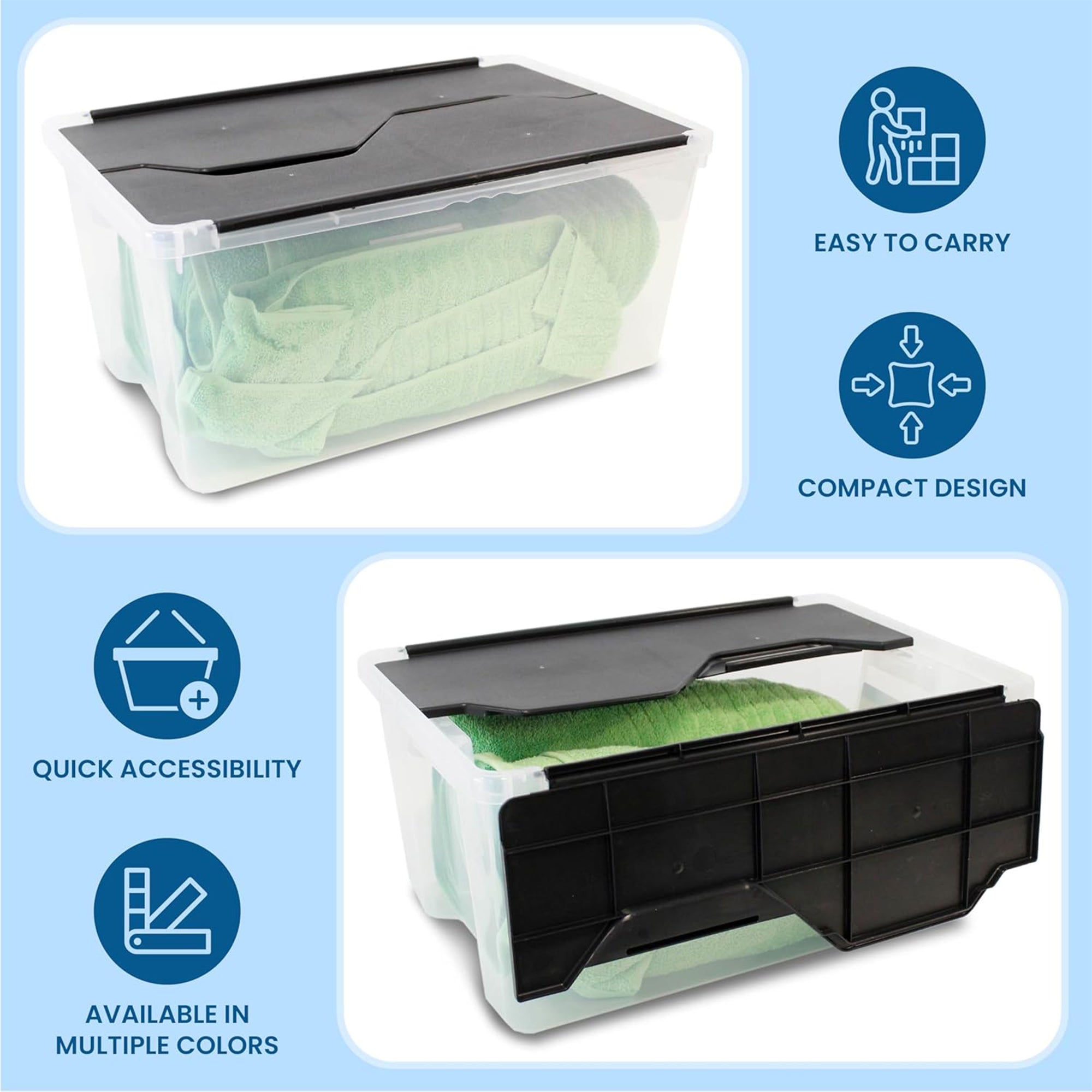 Organize-It! 28 Quart Mini Flip-Top Tote, Stackable Bins, Clear/Black, 6 Pack