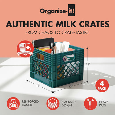 ORGANIZE-IT! Storage Milk Crate, Heavy-Duty Versatile Organizers Teal (Open Box)