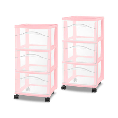 Sterilite 3 Drawer Storage Cart Plastic Rolling Organization, Pink Frost, 2 Pack - VMInnovations