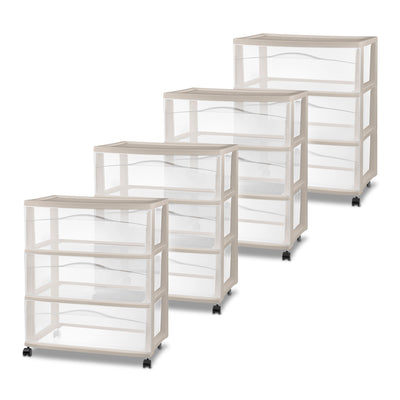 Sterilite Wide 3 Drawer Storage Cart, Plastic Rolling Organization, Grey, 4 Pack - VMInnovations