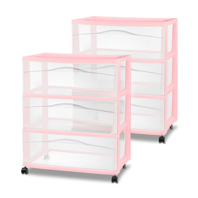 Sterilite Wide 3 Drawer Storage Cart, Plastic Rolling Organization, Pink, 2 Pack