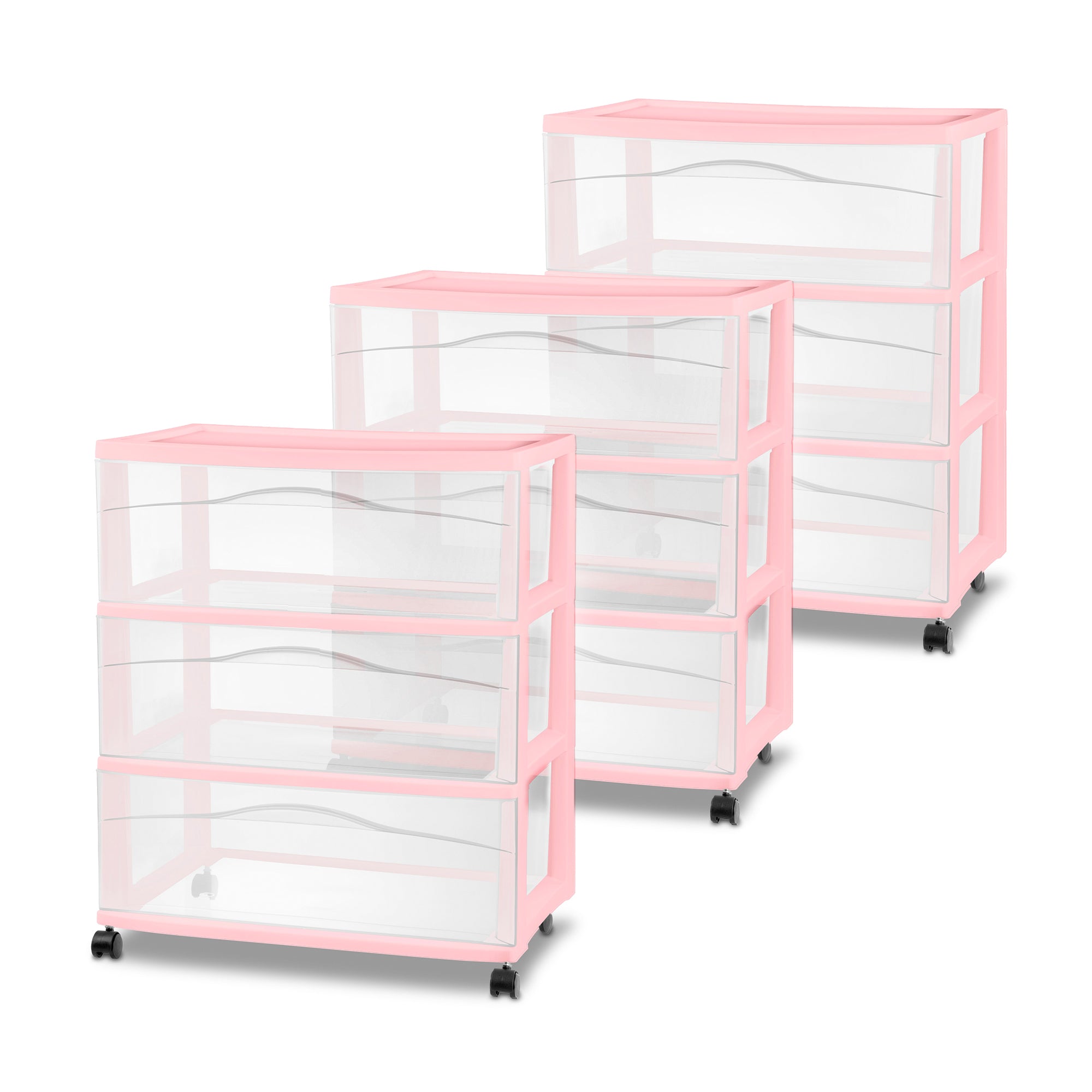 Sterilite Wide 3 Drawer Storage Cart, Plastic Rolling Organization, Pink, 3 Pack - VMInnovations