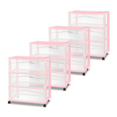 Sterilite Wide 3 Drawer Storage Cart, Plastic Rolling Organization, Pink, 4 Pack - VMInnovations