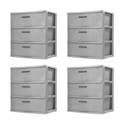 Sterilite 3 Drawer Wide Storage Tower, Plastic Weave Organizer, Cement, 4 Pack